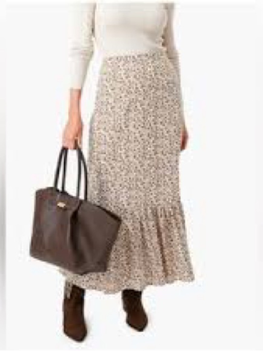 Neutral Floral Maxi Skirt with Ruffle Hem